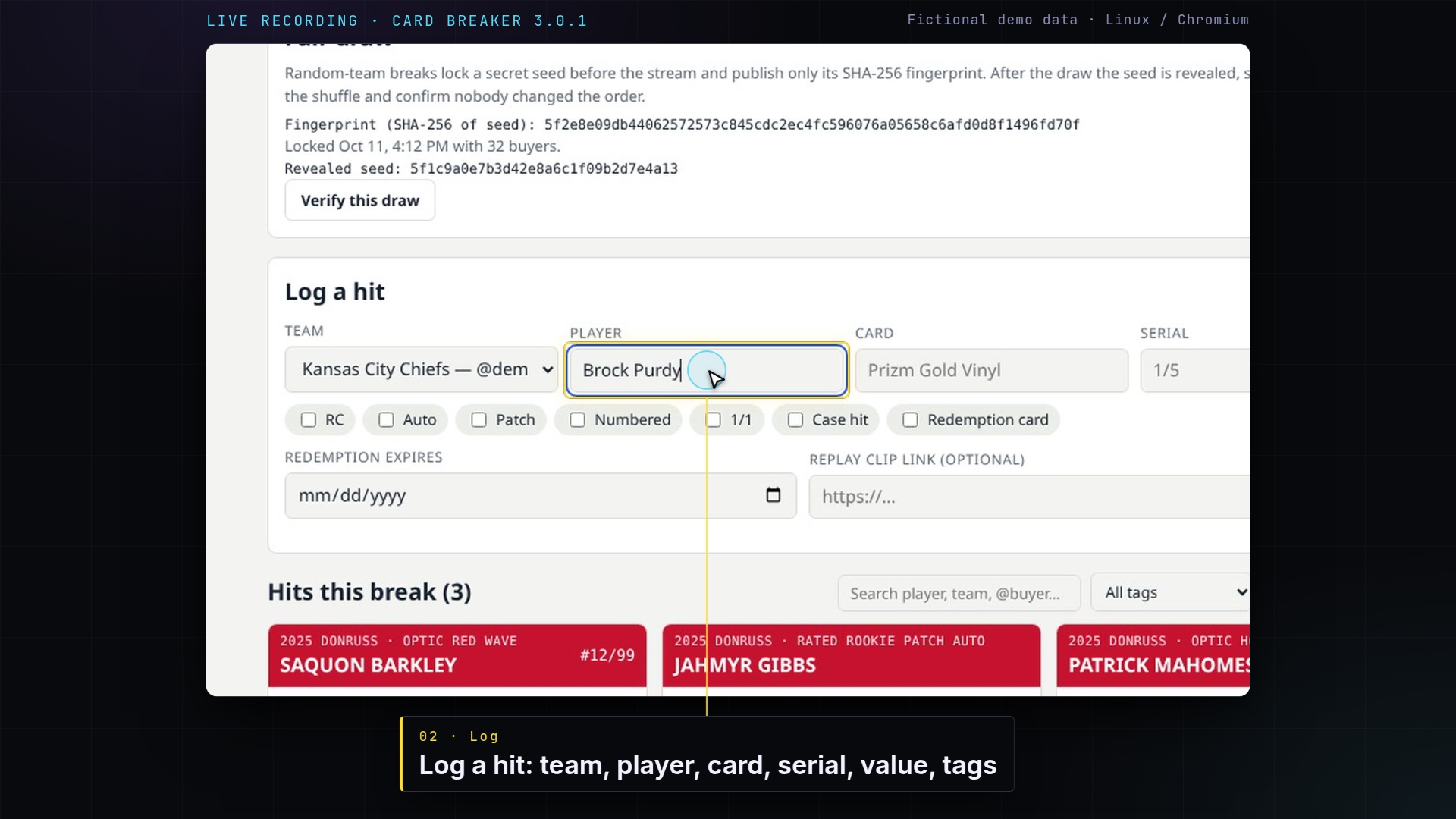 Card Breaker Hit Entry Form and Live Break List