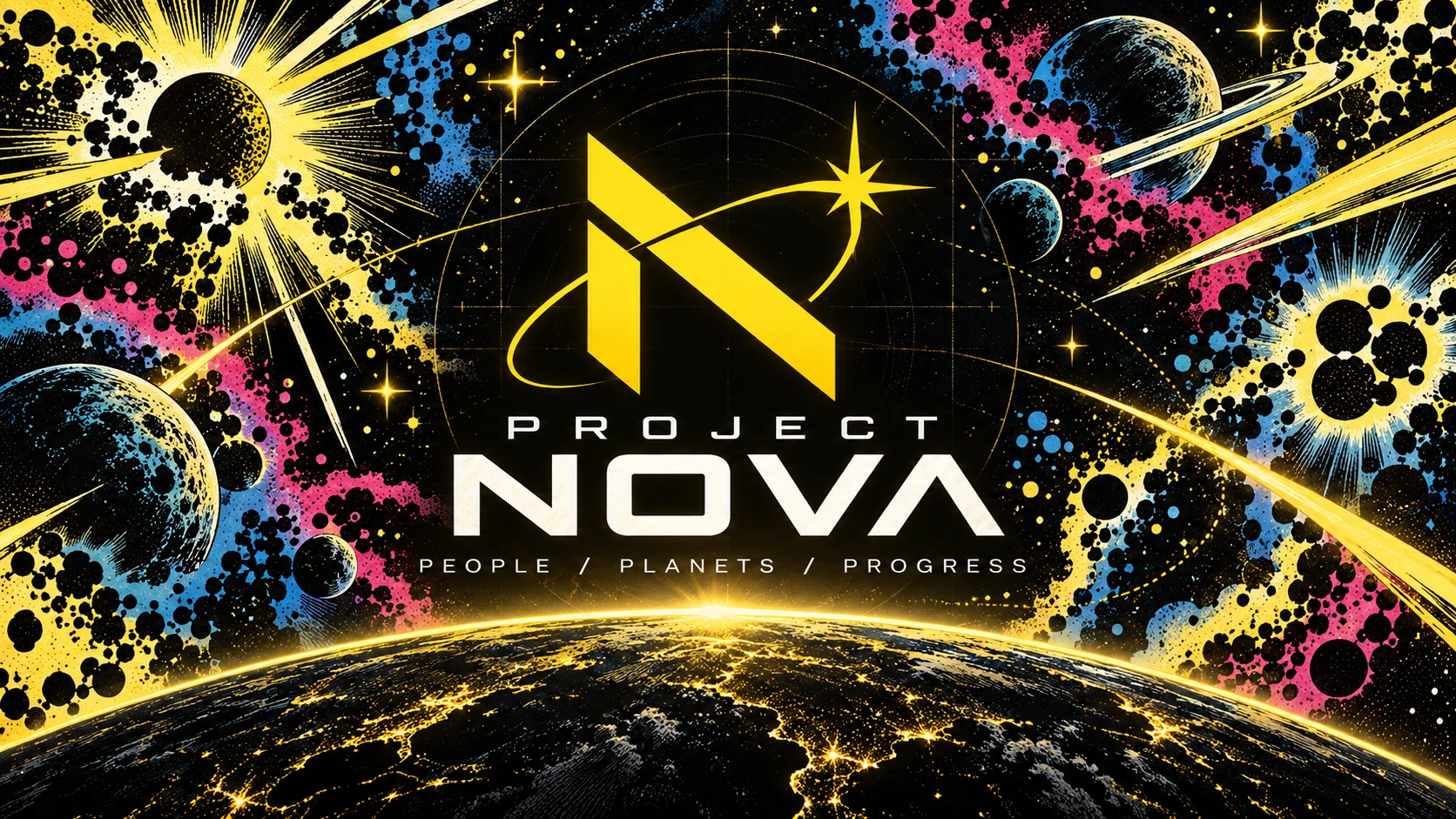 A vivid cosmic scene with planets, stars, and the Project NOVA emblem